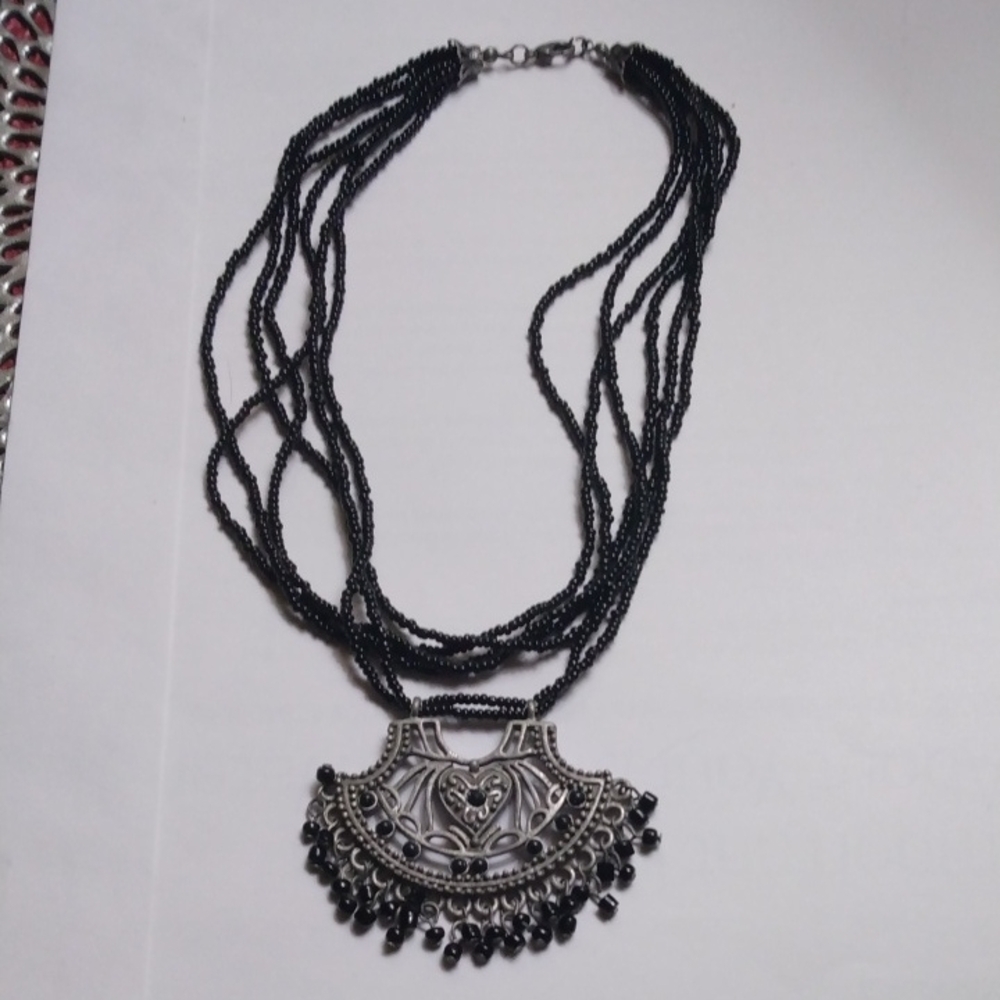 Necklace,Black beads with Silver.